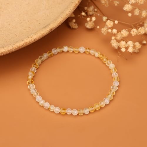 Natural Faceted Crystal Bracelet for Women,4mm Gemstone Round Beads Bracelets Adjustable Stretchy Healing Crystal Beads Bracelets Dainty Jewelry Gift - color: Citrine