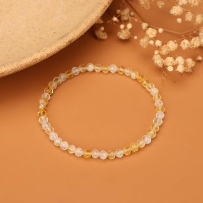 Natural Faceted Crystal Bracelet for Women,4mm Gemstone Round Beads Bracelets Adjustable Stretchy Healing Crystal Beads Bracelets Dainty Jewelry Gift - color: Citrine