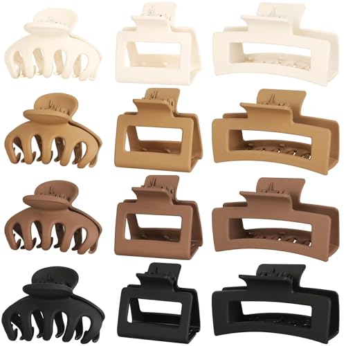 Small Medium Claw Clips for Women, 3 Styles Hair Clips for Thick Thin Hair | Hair Claws Non-slip Strong Hold, 12 Pcs, White, Khaki, Brown, Black - color: White,Khaki,Brown,Black