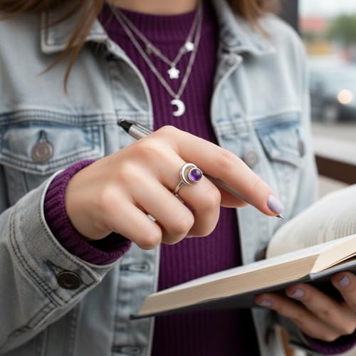 Sun and Moon Ring, Adjustable Natural Stone Rings for Women & Men, Boho Celestial Jewelry for Daily Wear - color: Amethyst
