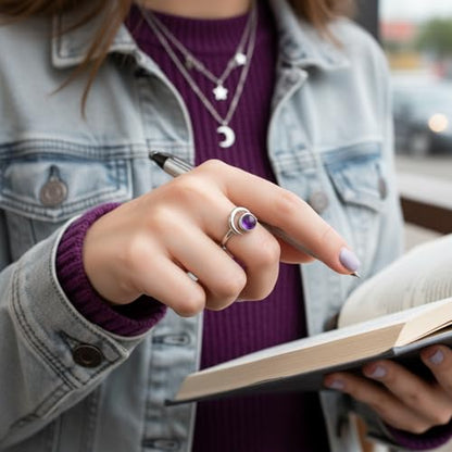 Sun and Moon Ring, Adjustable Natural Stone Rings for Women & Men, Boho Celestial Jewelry for Daily Wear - color: Amethyst