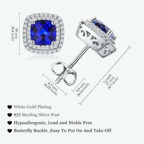 Dainty Birthstone Earrings for Women Sterling Silver Small Stud Earrings with Halo Cushion/Round Created Gemstone Earrings Birthstone Jewelry - style: A 09. Sep./created blue sapphire-cushion cut