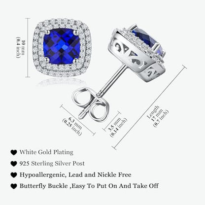 Dainty Birthstone Earrings for Women Sterling Silver Small Stud Earrings with Halo Cushion/Round Created Gemstone Earrings Birthstone Jewelry - style: A 09. Sep./created blue sapphire-cushion cut