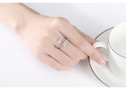 Adjustable Cubic Zirconia Ring for Women, Stackable Leaf Flower Design, Open Style