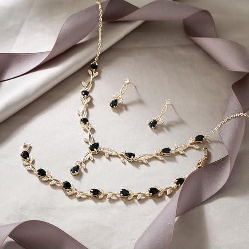 EVER FAITH Cubic Zirconia Pearl Leaf Bridal Jewelry Set for Bride Women | White Wedding Prom Necklace Dangle Earrings Bracelet, for Bridesmaid - color: CZ_Black Gold-Plated-Brass