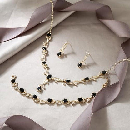 EVER FAITH Cubic Zirconia Pearl Leaf Bridal Jewelry Set for Bride Women | White Wedding Prom Necklace Dangle Earrings Bracelet, for Bridesmaid - color: CZ_Black Gold-Plated-Brass