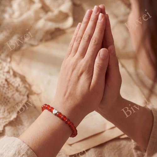 Bivei Crystal Stretch 6mm Bracelets for Women | Handmade Natural Stone Beaded Stretch Bracelet, Stainless Steel Heart Bead, Tranquility Yoga Gift Jewelry for Women - color: Carnelian - Energizing