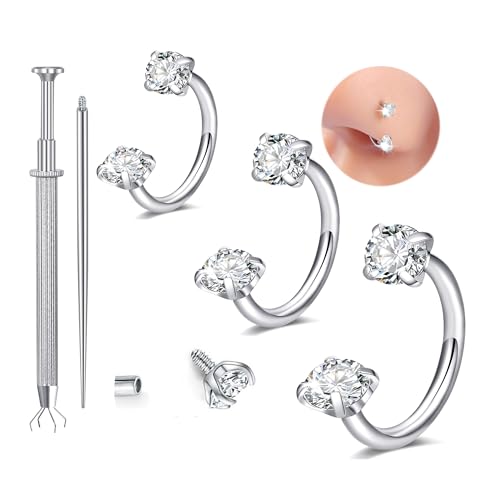 Longita 20g Nose Rings Hoop L Shape Nose Studs Stainless Steel Nose Screw Bone Flat Top Diamond Opal Heart High Nostril Piercing Jewelry Silver Rose Gold Black Pack for Women Men - color: C5- Horseshoe Ring 18g 6/7/8mm- silver 3pcs