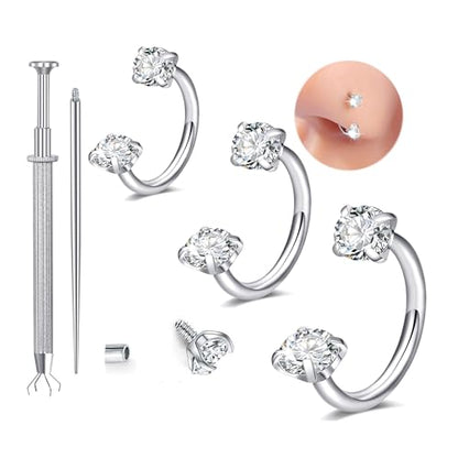 Longita 20g Nose Rings Hoop L Shape Nose Studs Stainless Steel Nose Screw Bone Flat Top Diamond Opal Heart High Nostril Piercing Jewelry Silver Rose Gold Black Pack for Women Men - color: C5- Horseshoe Ring 18g 6/7/8mm- silver 3pcs