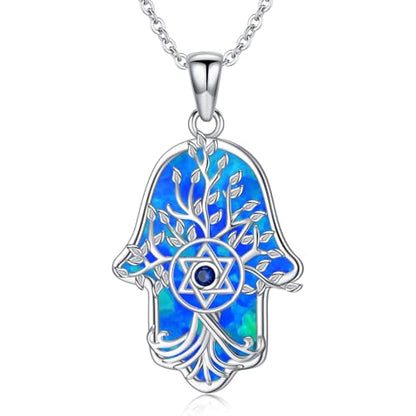 Hamsa Necklace 925 Sterling Silver Evil Eye/Lotus Flower/Star of David/Chai/Yin Yang Hamsa Hand Pendant Jewelry Hand of Fatima Gifts for Women - style: Star of David-Blue Opal