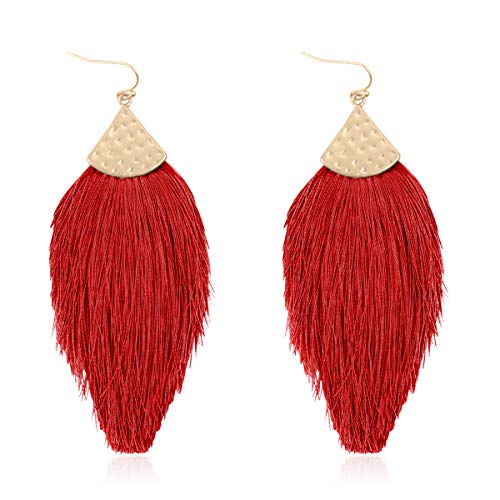 Bohemian Thread Tassel Drop Earrings - Geometric Petal Fan Fringe Feather Statement Chandelier Duster Dangles - color: Classic Tassel Chandelier - Burgundy