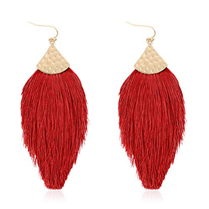 Bohemian Thread Tassel Drop Earrings - Geometric Petal Fan Fringe Feather Statement Chandelier Duster Dangles - color: Classic Tassel Chandelier - Burgundy