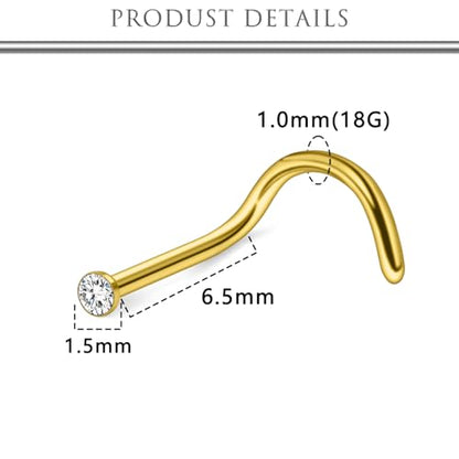 Hoeudjo Nose Studs Surgical Steel Cubic Zirconia Nose Rings Kit for Women Men Tiny Nose Stud Bone & Screw & L Shaped Nostril Piercing Jewelry 18/20/22/24 Gauge 10 Pieces - color: gold-tone,screw nose studs, size: 18g/1.5mm clear CZ