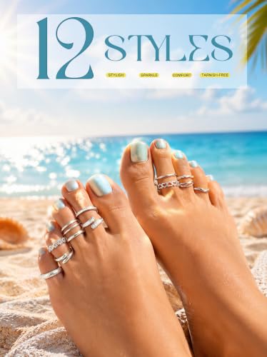 YADOCA Gold Toe Rings for Women Non Tarnish - Adjustable Silver Toe Ring | 12Pcs 14K Gold Filled Toe Rings Set - Waterproof Summer Beach Foot Jewelry - Hypoallergenic Open CZ Flower Hug Band - color: Silver