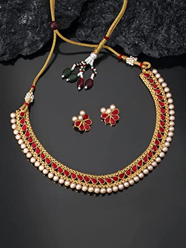 Aheli Ethnic Faux Kundan Pearl Fancy Bridal Choker Necklace Indian Traditional Bollywood Jewelry Set with Earrings Gift for Women - color: Red & White