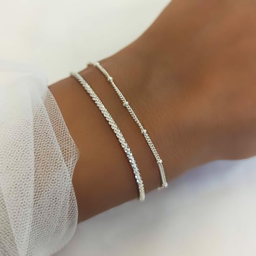 Sterling Silver Chain Bracelets for Women - Dainty 925 Silver Adjustable Bracelets, Minimalist Layering Jewelry, Stackable Chain Styles - style: H