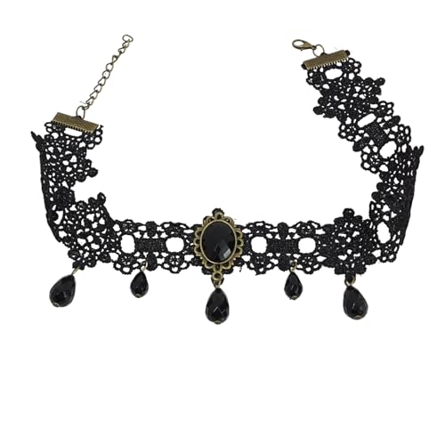 Gothic Choker Necklace, Black Lace Choker with Crystal Pendant for Women, Witch Style Adjustable Collar Gothic Halloween and Vampire Themed Vintage Thick Neck Jewelry Accessories