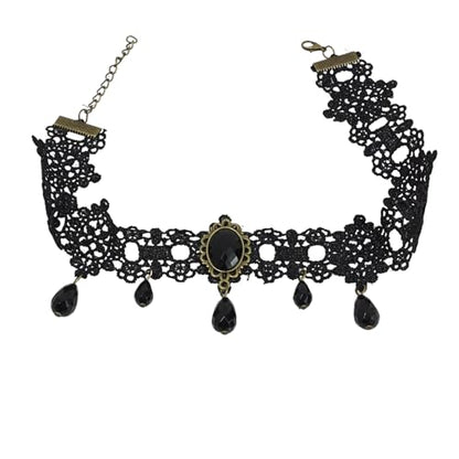 Gothic Choker Necklace, Black Lace Choker with Crystal Pendant for Women, Witch Style Adjustable Collar Gothic Halloween and Vampire Themed Vintage Thick Neck Jewelry Accessories