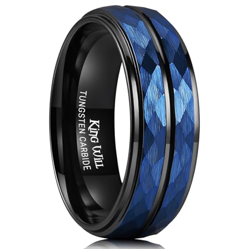 King Will Men's Tungsten Carbide Wedding Ring Hammered Groove Wedding Band Mens Two Tone Engagement Ring for Men and Women Matte Brushed Finish Comfort Fit - color: 8mm Blue & Black - Groove