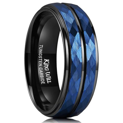 King Will Men's Tungsten Carbide Wedding Ring Hammered Groove Wedding Band Mens Two Tone Engagement Ring for Men and Women Matte Brushed Finish Comfort Fit - color: 8mm Blue & Black - Groove
