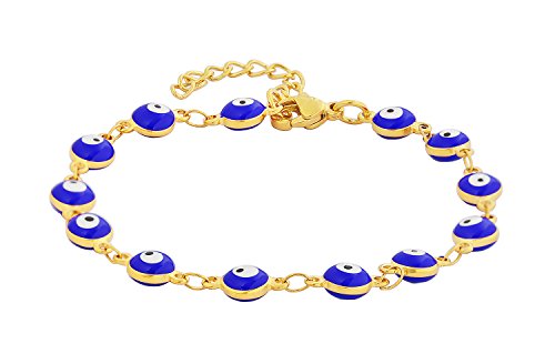 Women's Charm Enamel Evil Eye Protection Link Chain Bracelet - color: Gold,Blue