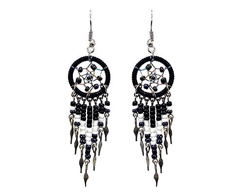Beaded Dreamcatcher Earrings for Women, Long Boho Fringe Dangle Earrings, Lightweight Colorful Statement Jewelry, Handmade - color: Black & White