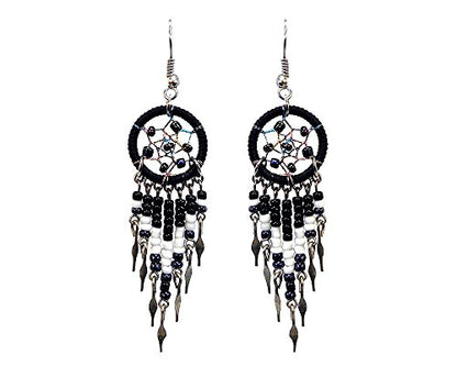 Beaded Dreamcatcher Earrings for Women, Long Boho Fringe Dangle Earrings, Lightweight Colorful Statement Jewelry, Handmade - color: Black & White