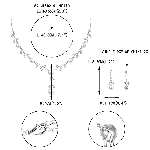 EVER FAITH Cubic Zirconia Pearl Leaf Vine Wedding Jewelry Set for Bride | Crystal Filigree Bridal Necklace Earrings, for Women Bridesmaid - color: 2pcs_Clear Silver-Plated-Brass