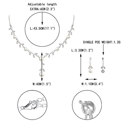 EVER FAITH Cubic Zirconia Pearl Leaf Vine Wedding Jewelry Set for Bride | Crystal Filigree Bridal Necklace Earrings, for Women Bridesmaid - color: 2pcs_Clear Silver-Plated-Brass