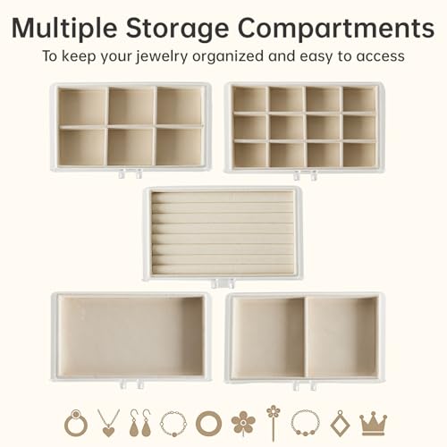Acrylic Jewelry Box with 5 Drawers, Clear Earring Holder Organizer Rings Display Case with Adjustable Velvet Trays for Women Girls,Creamy-white - color: Creamy-white