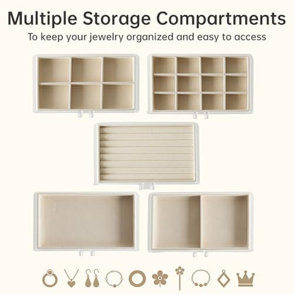 Acrylic Jewelry Box with 5 Drawers, Clear Earring Holder Organizer Rings Display Case with Adjustable Velvet Trays for Women Girls,Creamy-white - color: Creamy-white