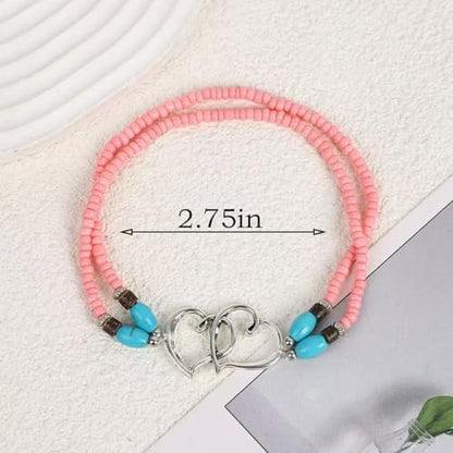 Ankle Bracelets for Women Waterproof Elastic Anklets | Boho Layered Beaded Ankle Bracelet Double Heart Colorful Anklet Summer Beach Jewelry Accessories - style: Pink Style