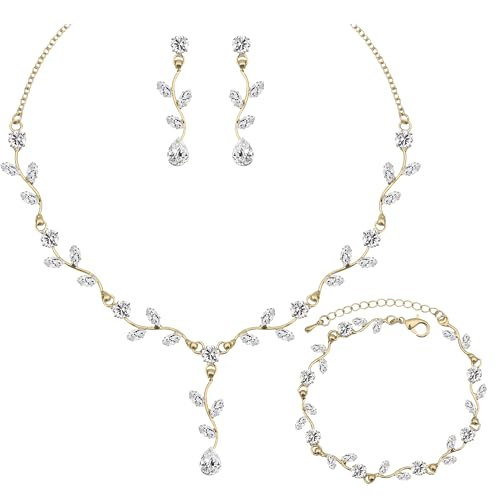 Elegant Bridal Jewelry Sets for Wedding Bride Leaf Shape Cubic Zirconia Necklace Earrings Bracelet Set Prom Costume Accessories - color: 3Pcs-Gold-Cubic Zriconia
