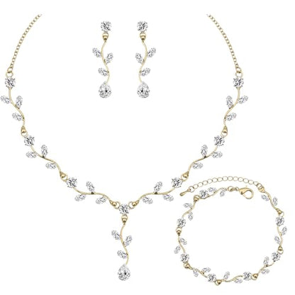 Elegant Bridal Jewelry Sets for Wedding Bride Leaf Shape Cubic Zirconia Necklace Earrings Bracelet Set Prom Costume Accessories - color: 3Pcs-Gold-Cubic Zriconia