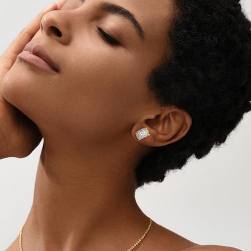 MEVECCO Pave Cubic Zirconia Stud Earrings for Women, 18K Gold Plated Brass | Pave CZ Fronts, Curved Gold Plated Edge Accents, Soft Motifs and Clean Geometric Styles - style: rectangle