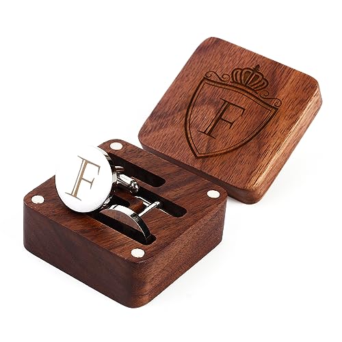 Mens Initial Silver Cufflinks A-Z Alphabet Letter Steel Cuff Links with Engraved Walnut Wood Box Groom Groomsman Wedding Set… - style: F