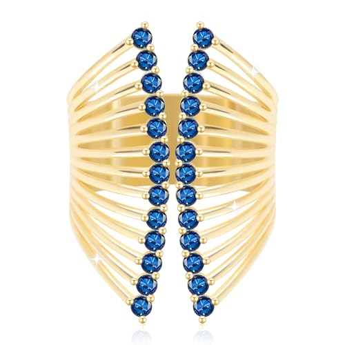Rhinestone Butterfly Rings for Women, Cubic Zirconia Fake Diamond Adjustable Thumb Ring, Chunky Vintage Gemstone Rings, Available in Gold Plated and Silver Plated - color: Gold, Sapphire Blue