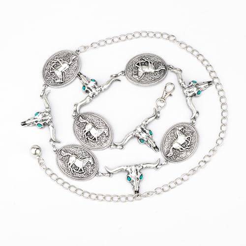 ILuvatar Western Metal Concho Belt for Women Cowgirl Waist Chain for Women Dress Pants Adjustable - color: Silver-t22