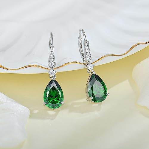 Women 925 Sterling Silver Birthstone Teardrop Leverback Drop Dangle Earrings 8 * 12mm 5A Cubic Zirconia Jewelry for Her - color: May,Emerald Color
