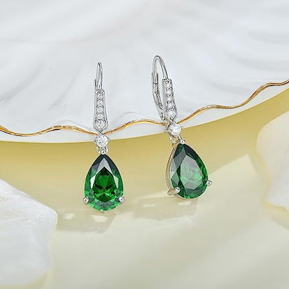 Women 925 Sterling Silver Birthstone Teardrop Leverback Drop Dangle Earrings 8 * 12mm 5A Cubic Zirconia Jewelry for Her - color: May,Emerald Color