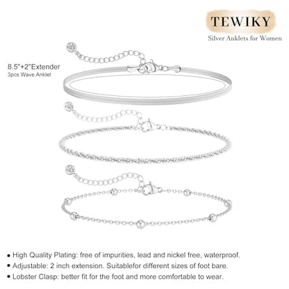 Tewiky Sterling Silver Plated Ankle Bracelets for Women,Dainty Layered Waterproof Anklet for Women Adjustable Sparkly Herringbone Beaded Rope Chain Set Stackable Cute Summer Beach Jewelry Gift - color: silver2