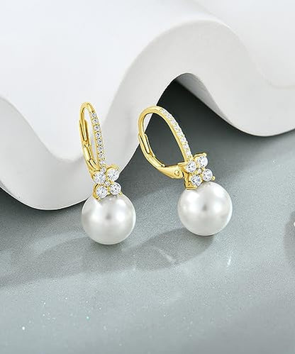 Pearl Earrings for Women 925 Silver Freshwater Real Pearl Drop Dangling Earrings for Birthday Christmas Anniversary - color: Gold