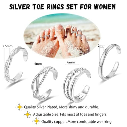 LOFITOR 4PCS Gold Toe Rings for Women Non Tarnish Waterproof Toe Ring Set | 14K Gold Filled Dainty Stackable Cute Thin Adjustable Open Band Toe Ring Cz Foot Jewelry For Beach Summer Hawaiian - style: Fashion Silver