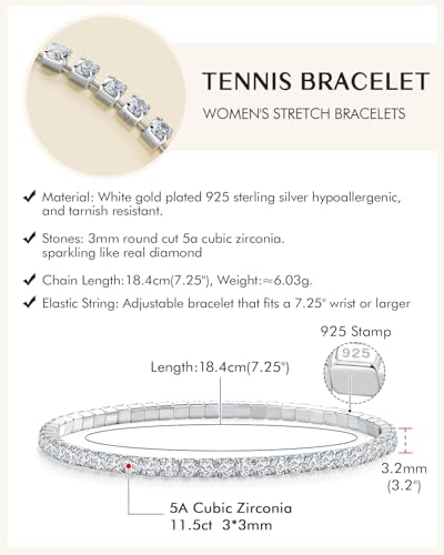 DAYBYDAY 3mm Stretch Tennis Bracelets for Women, 925 Sterling Silve Birthstone Bracelet, Dainty Adjustable Stackable Gemstone Cubic Zirconia Bracelet, Length 7.25-8 Inch