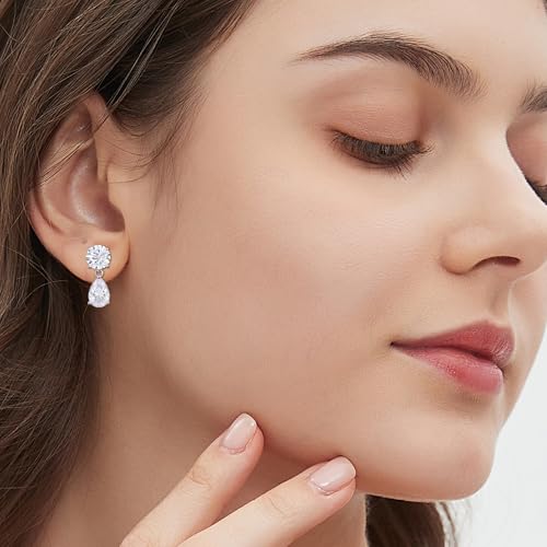 Cubic Zirconia Stud Earrings for Women,18K White Gold Plated,Women's 925 Sterling Silver Simulated CZ Earrings with Pear/Round/Princess/Oval Cut. - style: Pear-Round