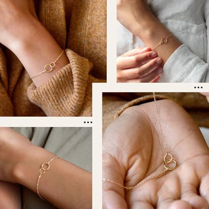 Solid 925 Sterling Silver Bracelets for Women, Dainty Interlocking Circles Cubic Zirconia Adjustable Chain Bracelet, Trendy Stackable Link Bracelets, Simple Cute Jewelry Gifts - color: Gold Interlocking Circles