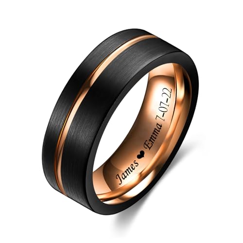 Customized Tungsten Ring for Men with Half Size 8mm Personalized black plated Rose Gold two-tone Tungsten Engagement Wedding Band Polished Finish Promise Ring Comfort Fit Size 5-14 - color: B-Black & Rose Gold