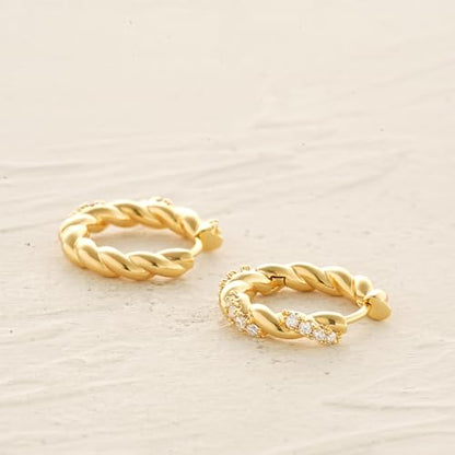 Women Gold Earrings Huggie Hoop Cubic Zirconia 14K Gold Plated Small Simple Hypoallergenic Everyday Jewelry - style: Twisted