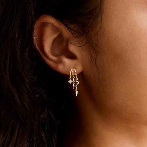Dangle Earrings for Women,14k Gold Plated Triple Huggie Stud Earrings Cute Statement Chain Earring Dainty Drop Earrings for Women Trendy Gold Plated Jewelry - color: star-Gold