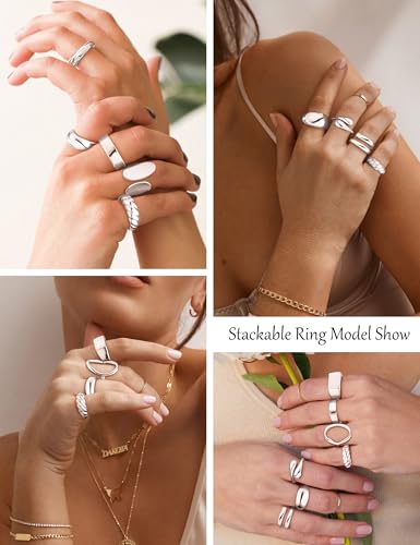 12 PCS Chunky Gold Stackable Rings for Women Non Tarnish 18K Gold Plated Statement Ring Stack Set Silver Adjustable Stacking Thumb Knuckle Band Dainty Open Rings Signet Cute Jewelry Gift - color: 12Pcs Silver